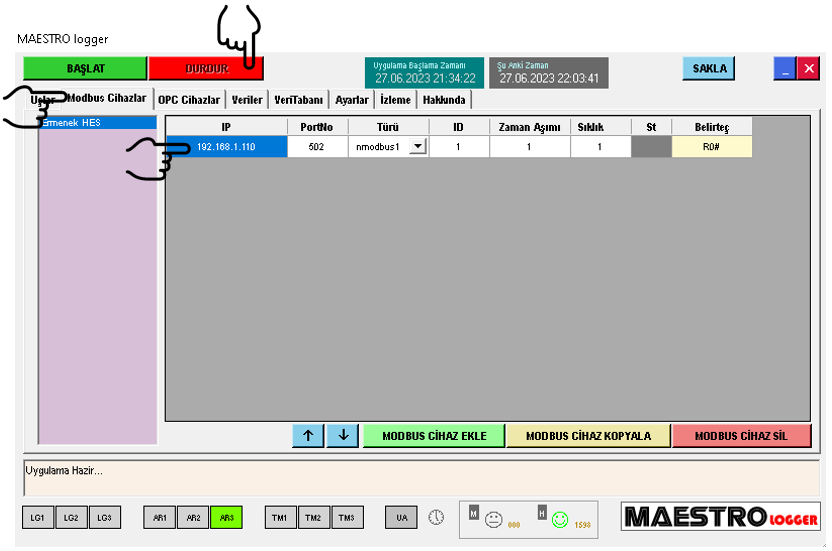 MAESTRO LOGGER ana yapılandırma ekranı
