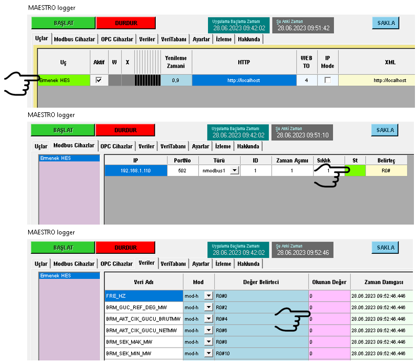 MAESTRO LOGGER ana yapılandırma ekranı