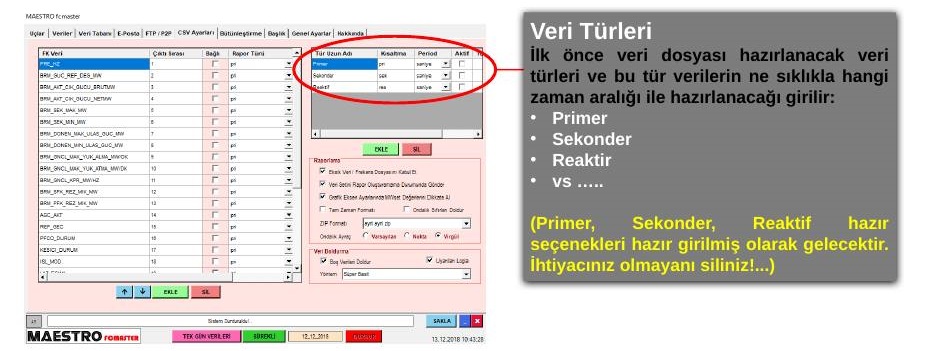 CSV Ayarları sekmesinde veri türleri ve CSV veri listesi