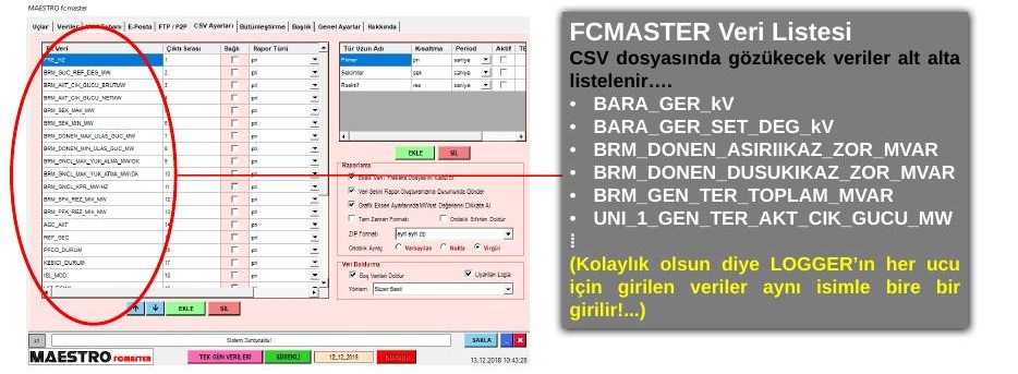 CSV Ayarları sekmesinde veri türleri ve CSV veri listesi