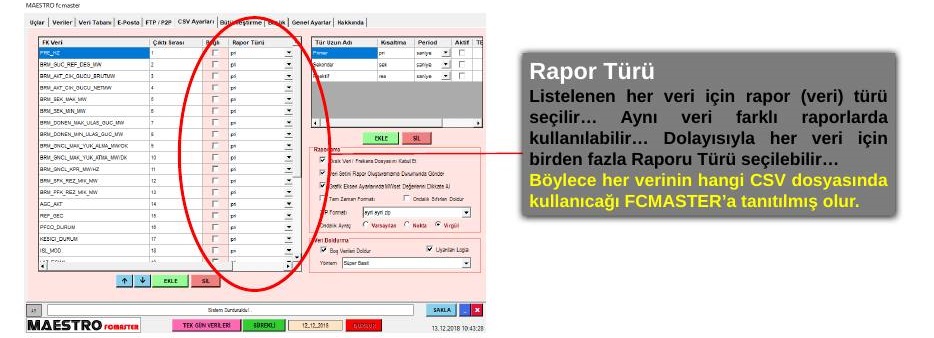 CSV Ayarları sekmesinde veri türleri ve CSV veri listesi