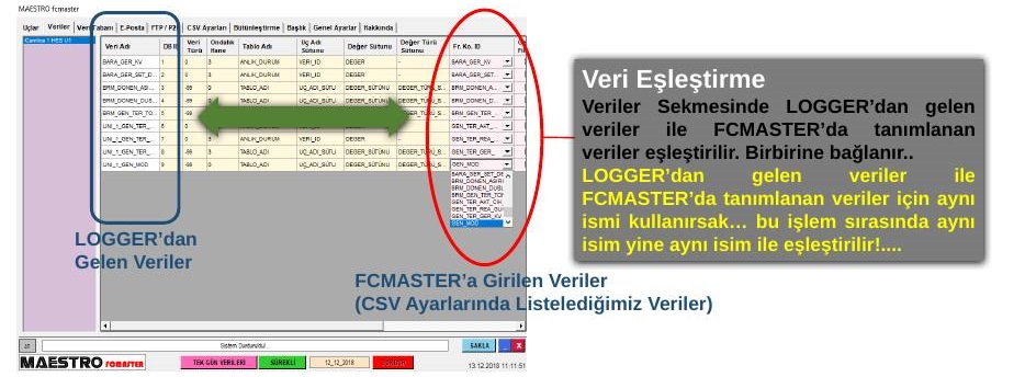 CSV Ayarları sekmesinde veri türleri ve CSV veri listesi