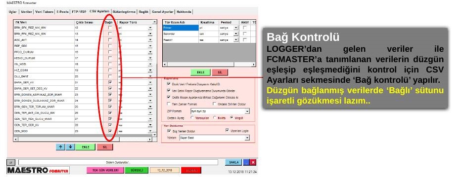 CSV Ayarları sekmesinde veri türleri ve CSV veri listesi