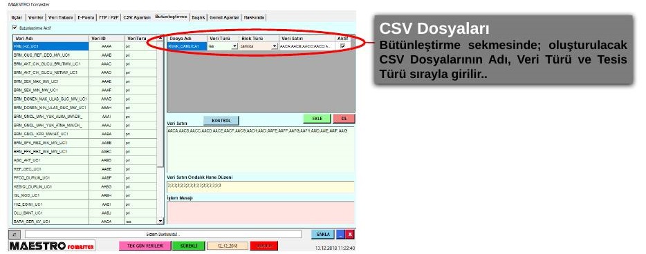 CSV Ayarları sekmesinde veri türleri ve CSV veri listesi