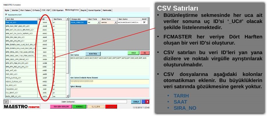 CSV Ayarları sekmesinde veri türleri ve CSV veri listesi