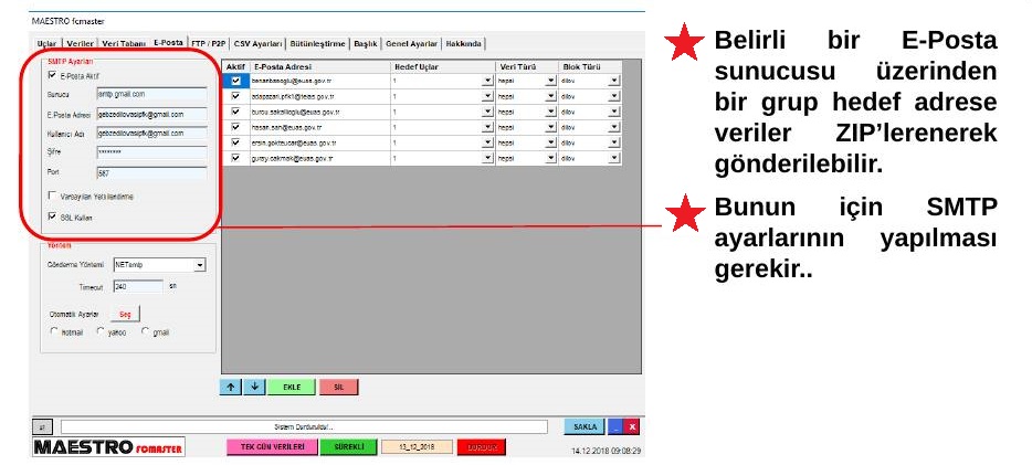 CSV Ayarları sekmesinde veri türleri ve CSV veri listesi