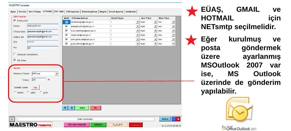 FCMASTER e-posta sekmesi ve SMTP yapılandırması