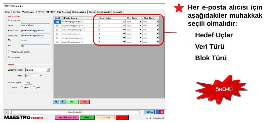 FCMASTER e-posta sekmesi ve SMTP yapılandırması