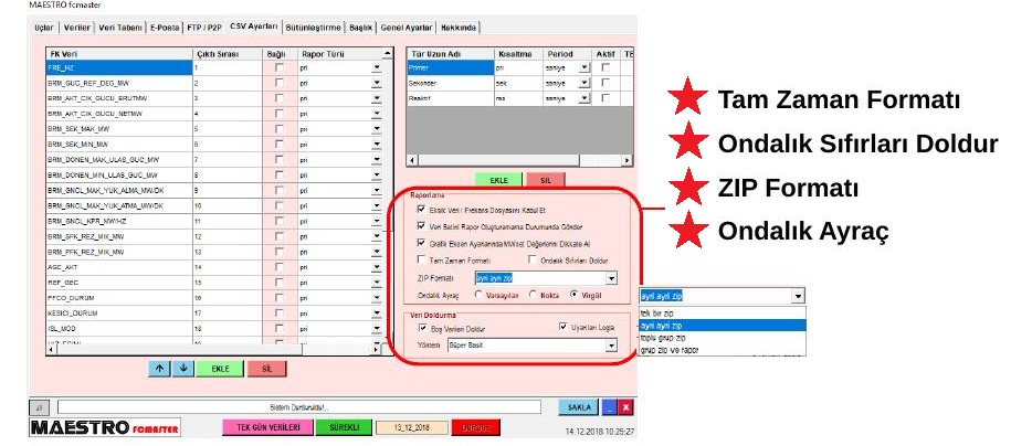 FCMASTER Ayarlar sekmesindeki çalışma seçenekleri