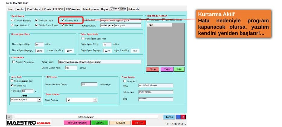 FCMASTER Ayarlar sekmesindeki çalışma seçenekleri