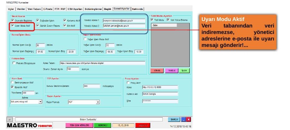 FCMASTER Ayarlar sekmesindeki çalışma seçenekleri