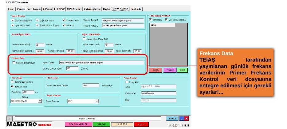 FCMASTER Ayarlar sekmesindeki çalışma seçenekleri