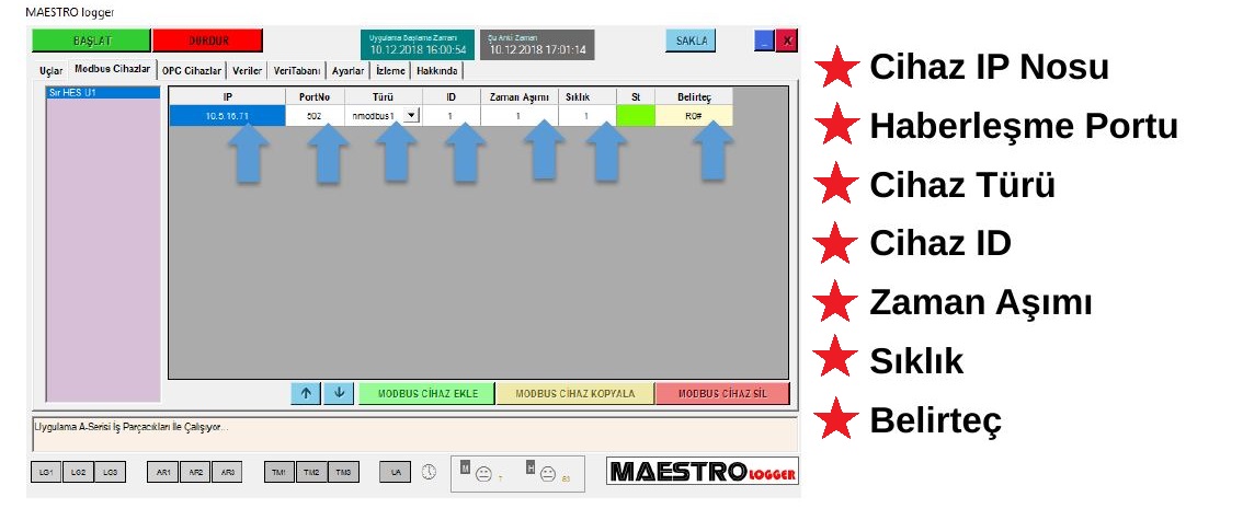 MODBUS cihaz ekleme alanları