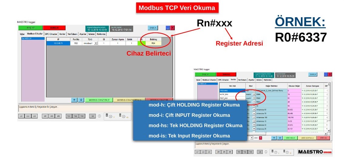 MODBUS TCP değer belirteci örneği