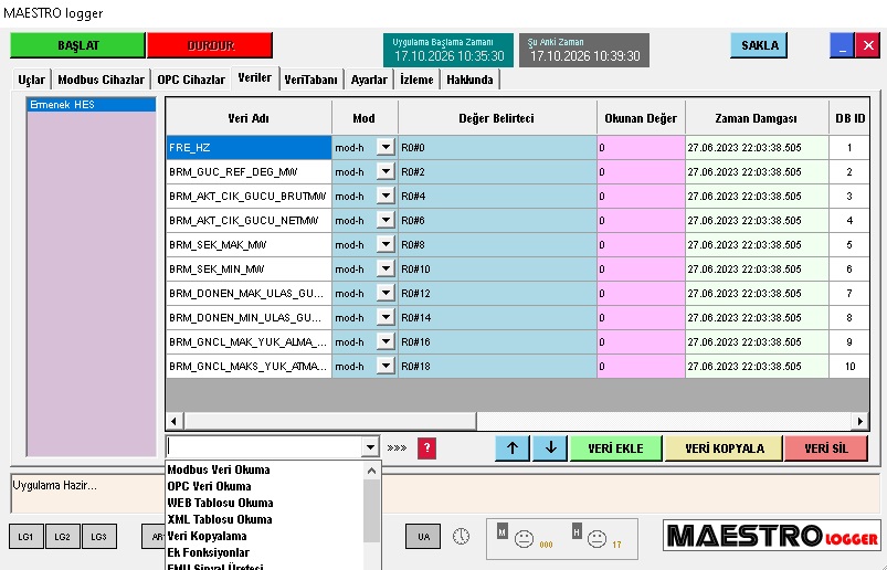 MAESTRO LOGGER ana yapılandırma ekranı