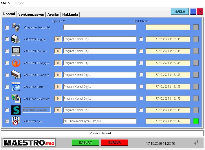 SYNC kontrol sekmesinde sistem bileşenlerinin ve durum bilgilerinin görünümü